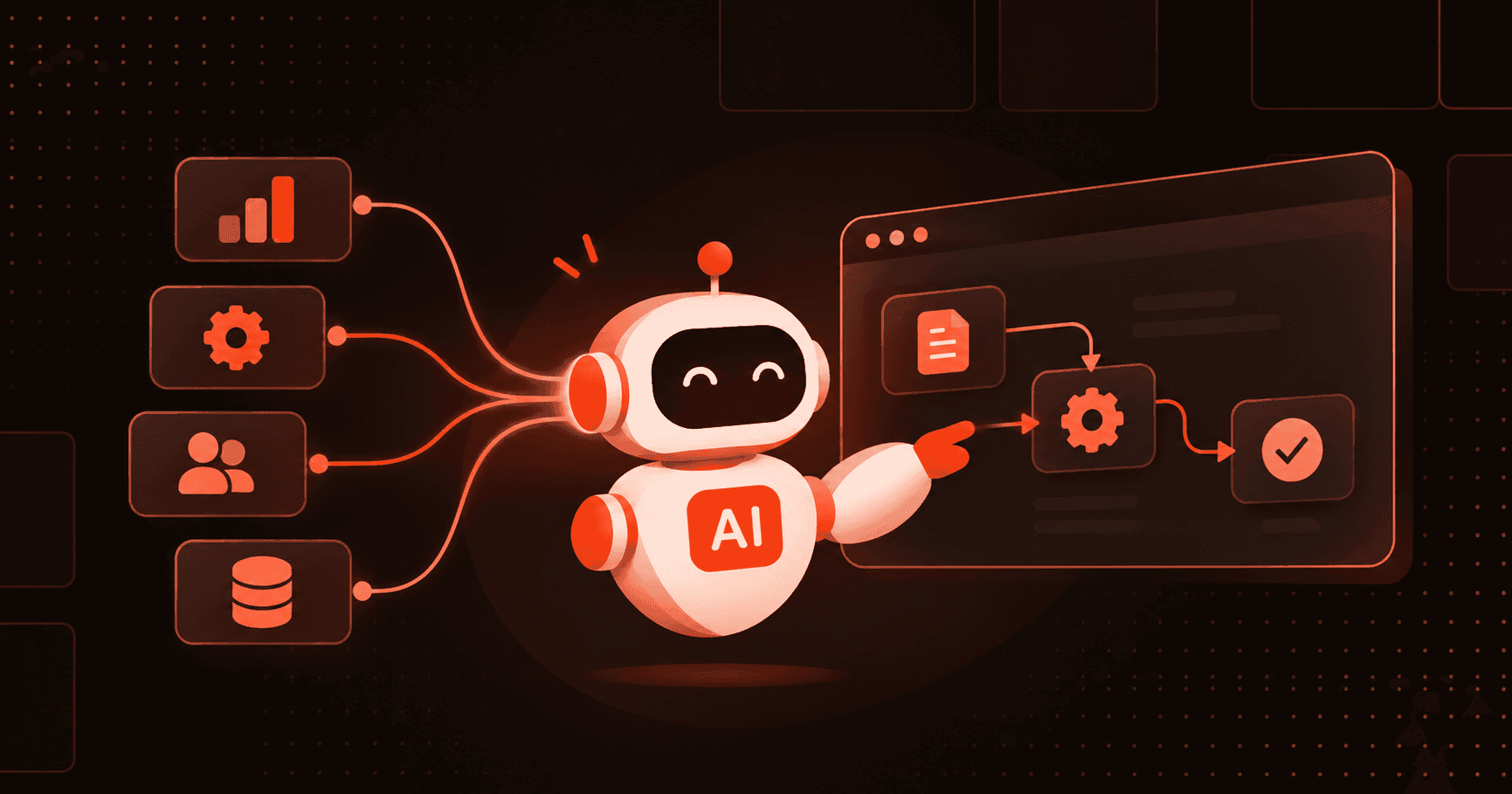 AI agents working together as a connected network, automating business tasks across an enterprise, with a human supervising the workflow.