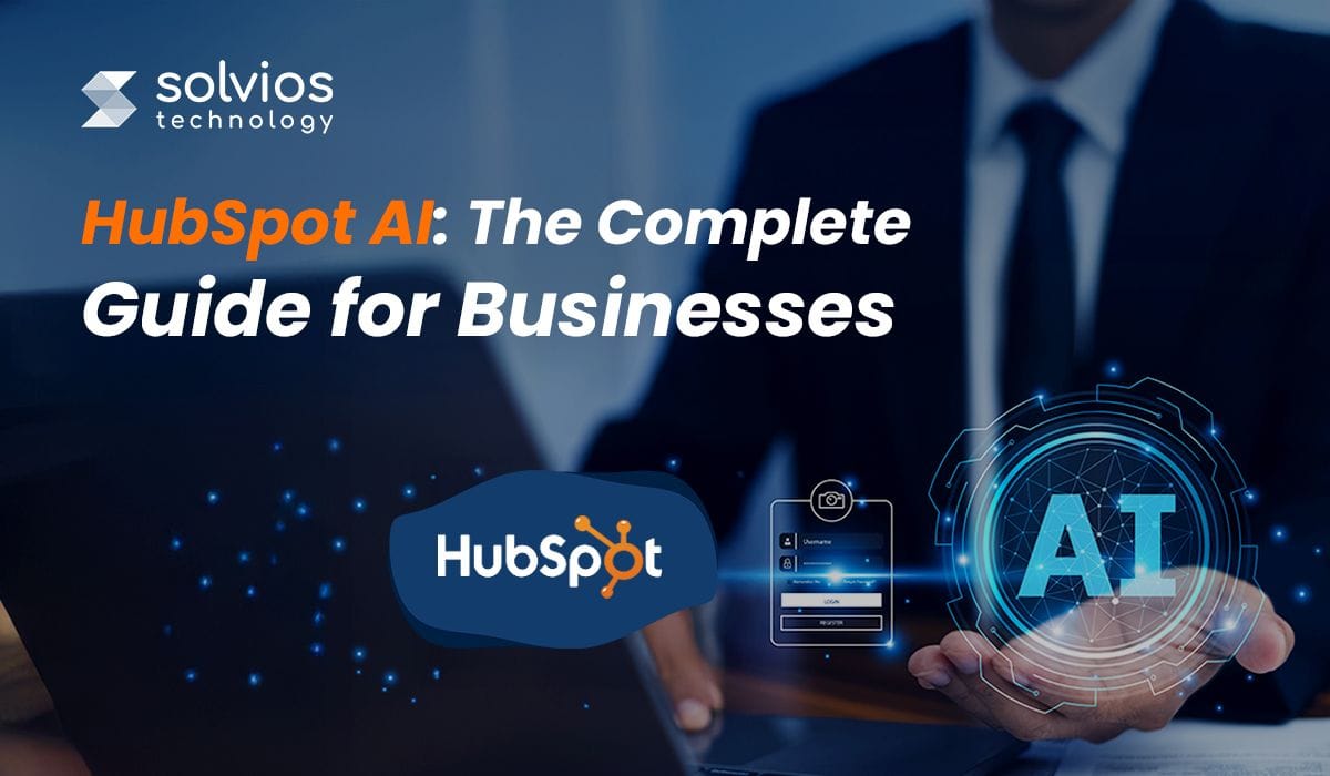 Businessman holding a glowing AI hologram beside a HubSpot logo and login screen, representing HubSpot AI tools for businesses