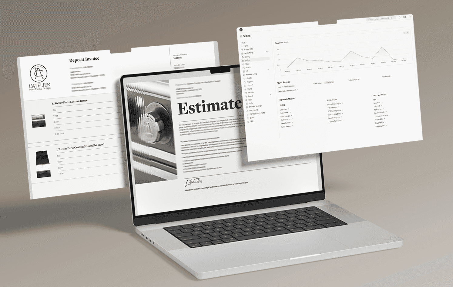 Laptop displaying an ERPNext sales dashboard alongside a deposit invoice and estimate for a kitchen remodeling brand's custom range products