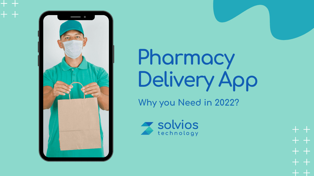 Masked delivery courier holding a paper bag on a smartphone screen mockup, illustrating a pharmacy delivery app concept