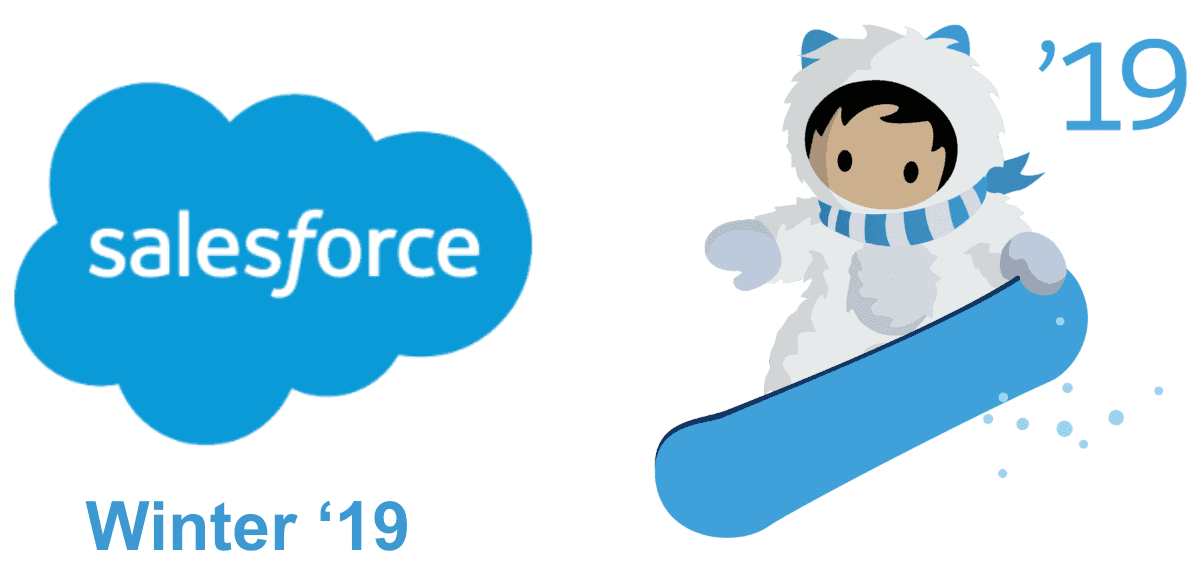 Salesforce cloud logo beside a cartoon character snowboarding, illustrating the Salesforce Winter '19 release notes