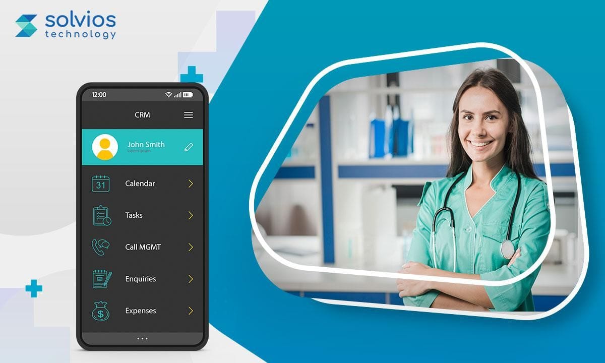 A smiling nurse in scrubs stands beside a CRM app menu showing calendar and enquiry tools, reflecting healthcare CRM investment