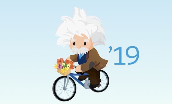 Cartoon Einstein mascot riding a bicycle with a flower basket, representing the Salesforce Spring '19 release notes