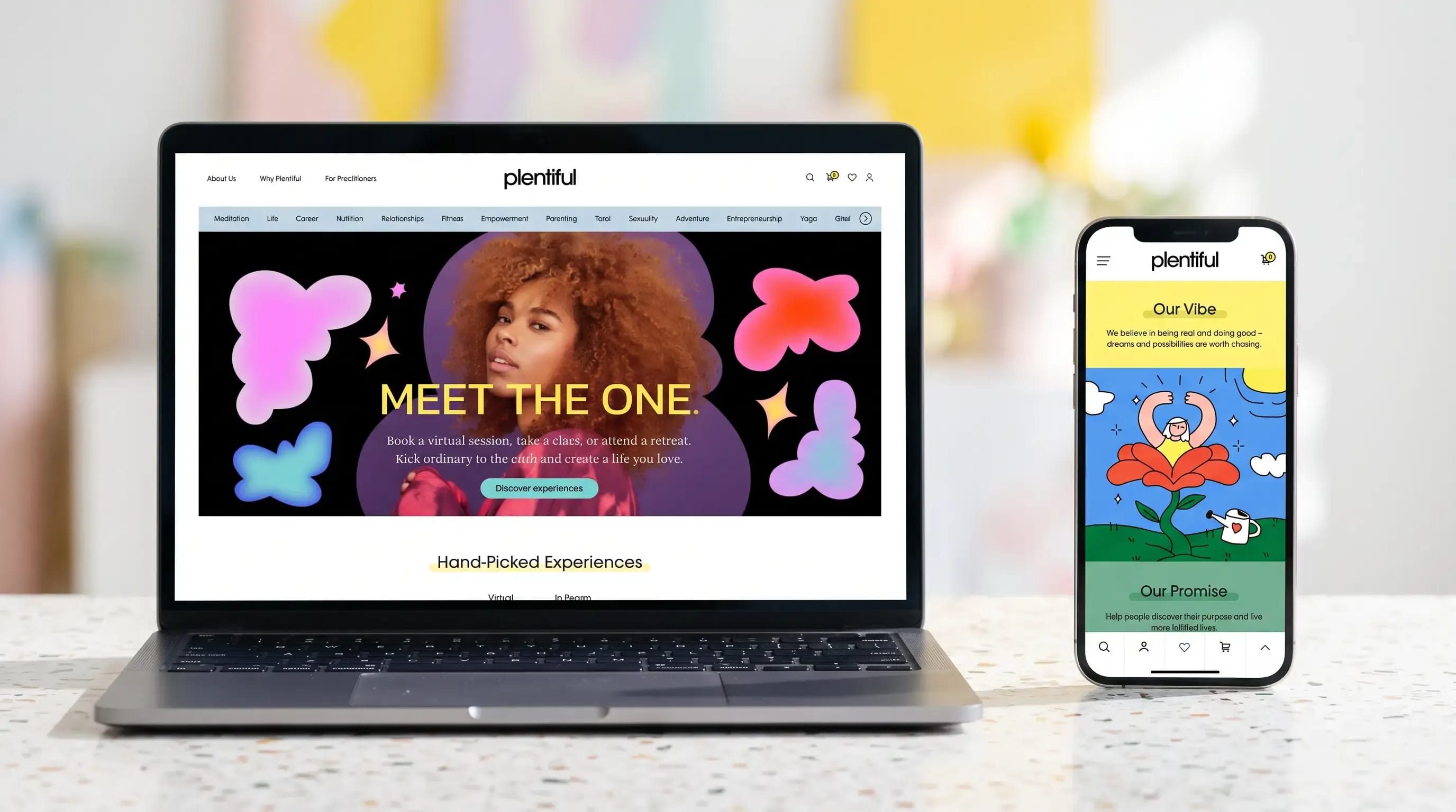 Laptop and phone displaying the Plentiful wellness marketplace homepage inviting users to book virtual sessions and retreats