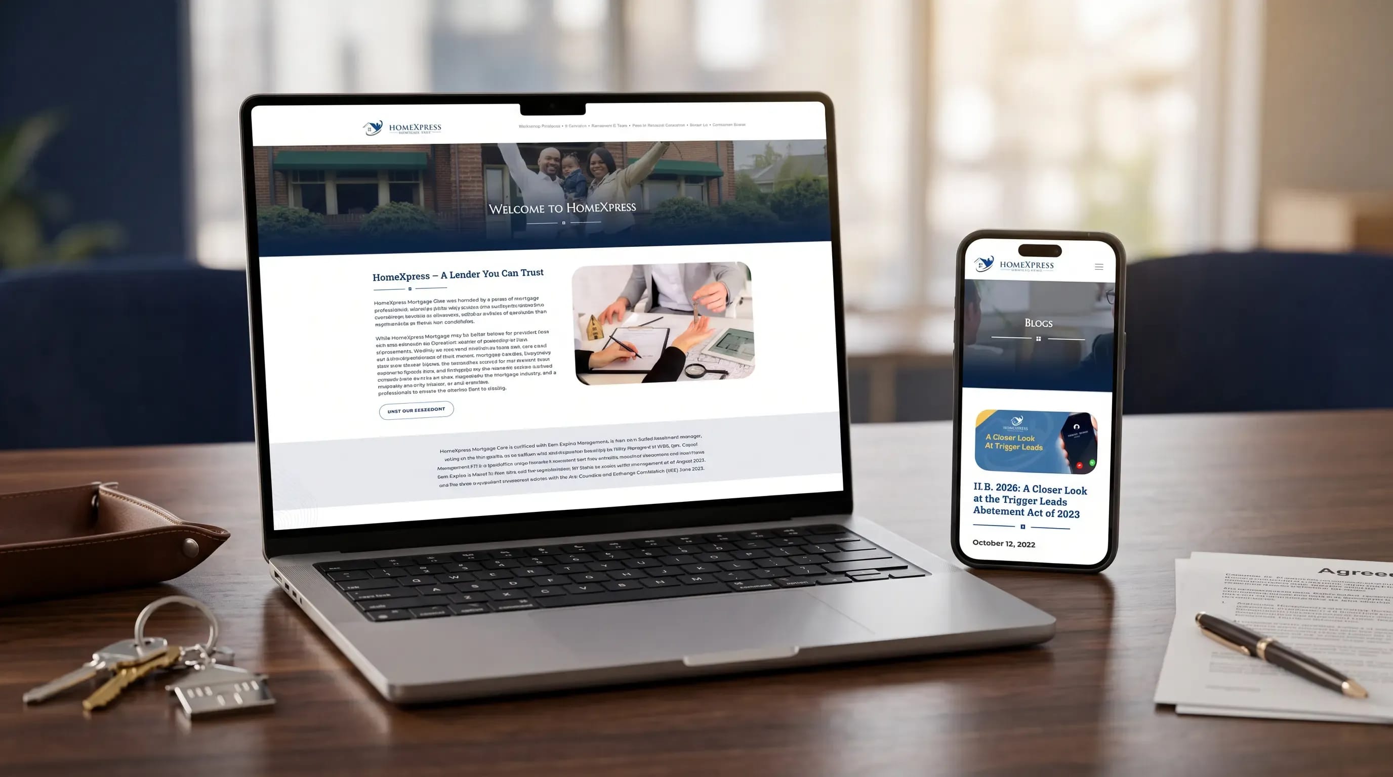 Laptop and phone displaying the HomeXpress Mortgage website homepage, a loan management platform with streamlined mortgage processes